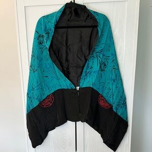 Vintage 90s Chinese Shawl/Wrap Turquoise & Black w/ Red Embroidery on Pockets